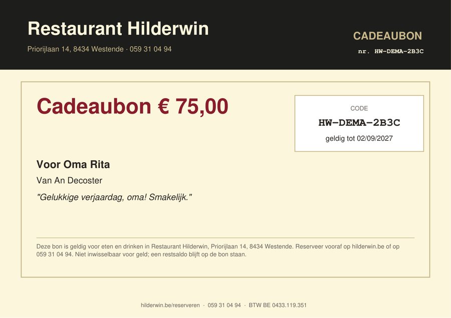 Example of the Restaurant Hilderwin gift voucher